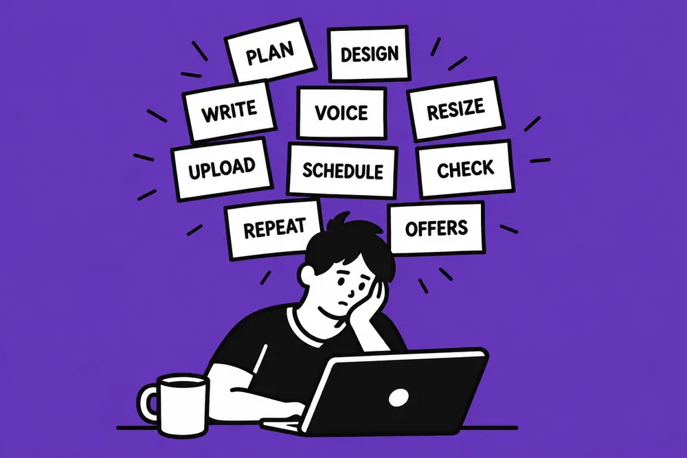 A tired founder at a laptop under ten notes: Plan, Design, Write, Voice, Resize, Upload, Schedule, Check, Repeat, Offers
